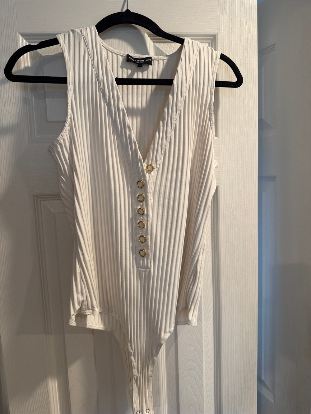Generation Love White Ribbed V-Neck Bodysuit with Gold Buttons